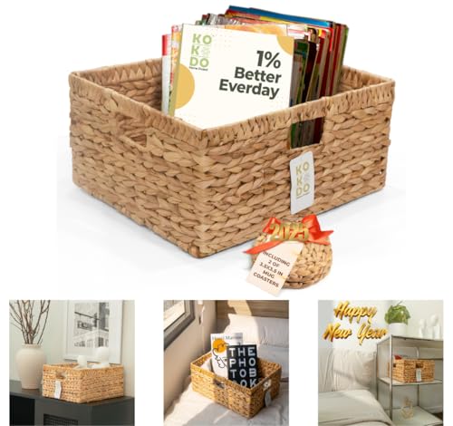 KOKODO 15”L x 11”W Large Rectangular Water Hyacinth Wicker Storage Basket with Handles (Natural / Large 15"Lx11"W)