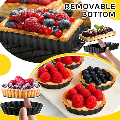 16 Pcs Mini Tart Pans for Baking (4 Inch and 4.33 x 2.36 x 0.79 Inch / Black Round/Rectangle)