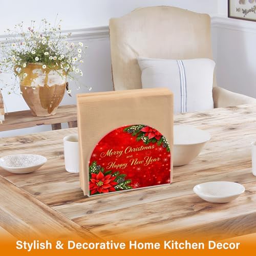 Christmas Fir Red Poinsettia Flowers Napkin Holder for Table Paper Napkins Holder Acrylic Tissue Dispenser Kitchen Dining Room Bathroom Party Car Decor (NH019 / 4.1x4.9x1.97in)
