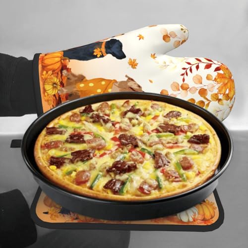 Fall Dogs Oven Mitt Potholders Sets Autumn Leaves Heat Resistant Oven Glove Set of 2 Holiday Kitchen Hot Pads for Cooking Baking Grilling (Fall Dogs)