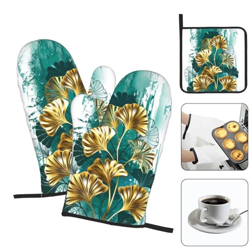 Teal Gold Green Leaves Oven Mitts and Pot Holders Set of 3 (Green Leaves)