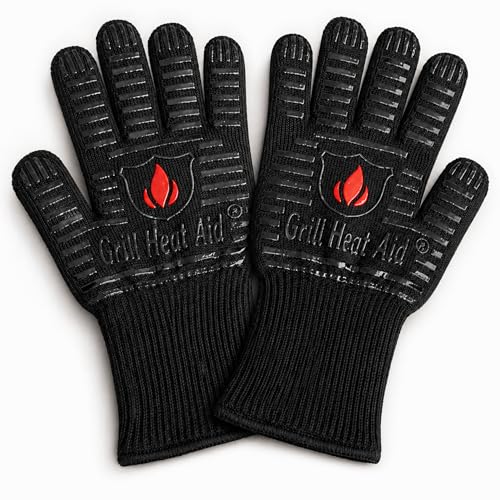 BBQ Grill Gloves Heat Proof for Men 932°F Grilling Fire Pit (Full Black / Mid Cuff - Medium Palm)