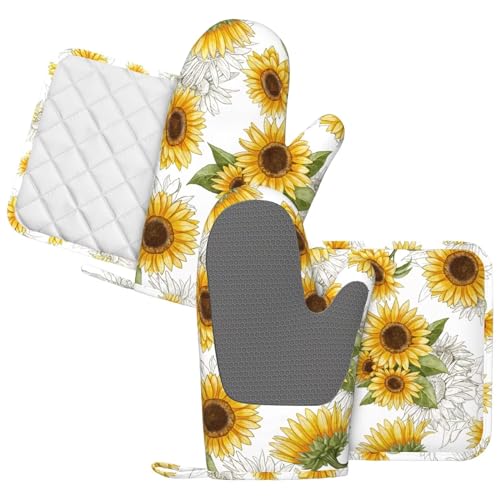 Yellow Sunflower Oven Mitts Pot Holders Set Silicone Heat Resistant Sunflowers Oven Mitts and Hot Pads Yellow Flowers Potholders Non (Yellow)
