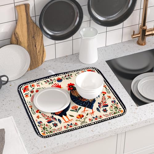 Roosters Chicken Dish Drying Mat for Kitchen Counter Absorbent Microfiber Drying Pad 16 x18 In (Chicken Art White / 18" x 16")
