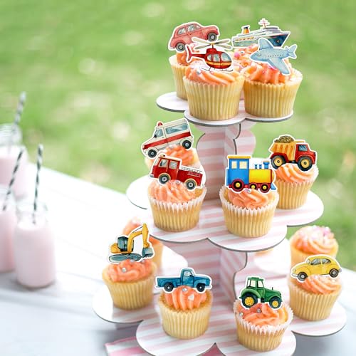 48Pcs Edible Transportation Cupcake Toppers Edible Cute Airplane Train Vehicle Boat Tractor Cupcake Picks for Transportation Theme Baby Shower Kids Birthday Party Decorations (Transportation)