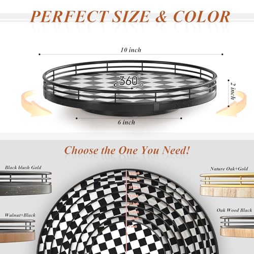 10 Inch Black and White Checkerboard Lazy Susan with Oak Base (Black & White / 10 inches)