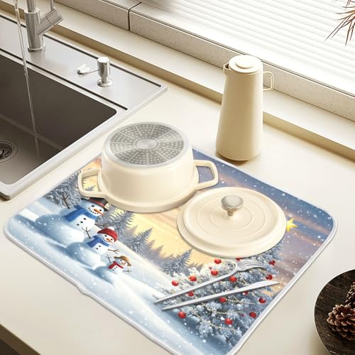 Christmas Tree and Snowman Dish Drying Mat for Kitchen Counter Absorbent Microfiber Large Winter Snowflakes Drying Pad Dish Mats for Kitchen Countertops 18 x 24 Inch (24" x 18")