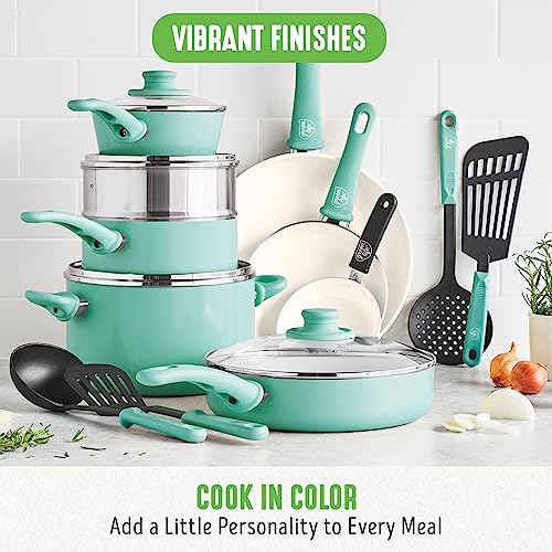 Soft Grip Healthy Ceramic Nonstick 18 Piece Kitchen Cookware Pots and Frying Sauce Saute Pans Set (18 Piece Cookware Set / Turquoise)