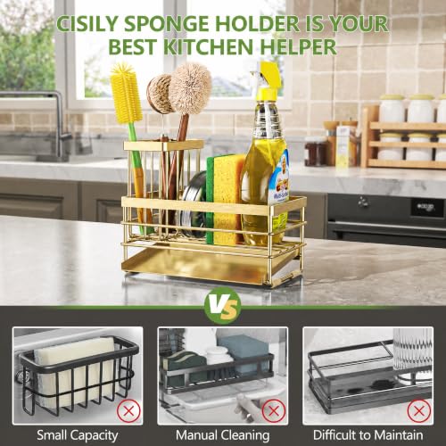 Gold Sink Caddy Sponge Holder for Kitchen with Brush Holder and Stainless Steel Self Drain Tray (8.26'' / Gold)