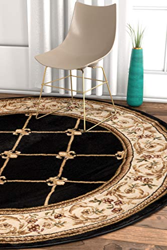 Timeless Collection Fleur De Lis Black 5' Foot Round Luxurious Traditional French Aubusson Oriental Area Rug Perfect for Living Room Bedroom or Dining Room Easy (5'3" (Round) / Black)