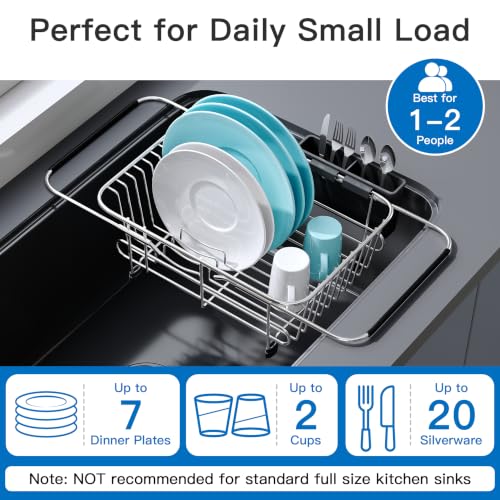 Sink Small Dish Drying Rack with Utensil Holder (Silver / For 10"-12"w Sink)