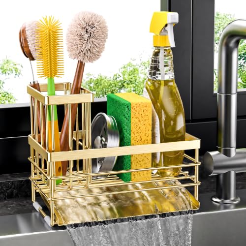 Gold Sink Caddy Sponge Holder for Kitchen with Brush Holder and Stainless Steel Self Drain Tray (8.26'' / Gold)