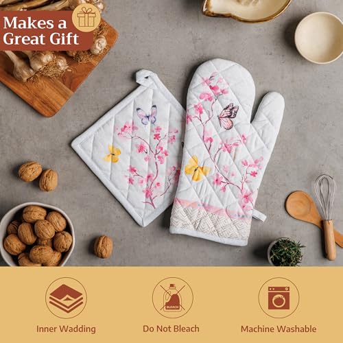 100% Cotton Oven Mitt & Pot Holder Set (050 - Blossoms in Spring / 7.5" x 13" & 8" x 8" (Oven Mitt & Pot Holder))