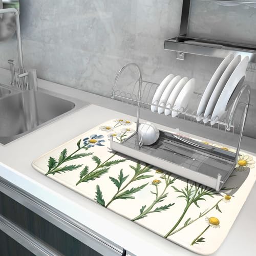 Wild Flowers Dish Drying Pad Reversible Microfiber Dish Mat Floral Drainer Rack Coffee Bar 18 X 24 Inch (Blossom Daisy 1104 / 24" x 18")