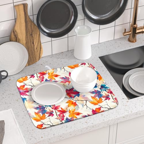 Maple Leaf Dish Drying Mat Fall Autumn Colorful Leaves Absorbent Dish Drain Mats for Holiday Season Kitchen Decoration (Maple Leaf 606 / 18" x 16")