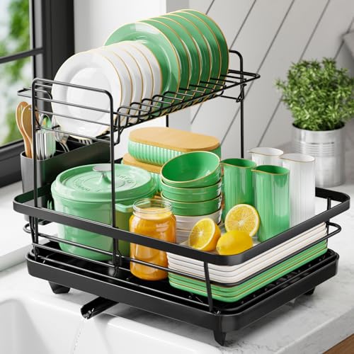 Dish Drying Rack for Kitchen Counter (Black / 12''W x 15.5''L - 2 Tiers)