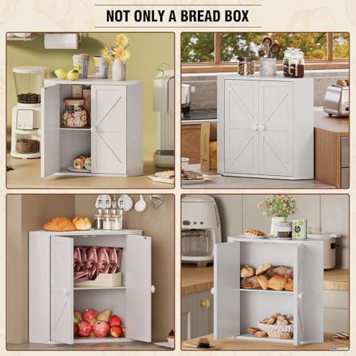 Corner Bread Box for Kitchen Counter Double Layer Bamboo Bread Storage Container Large Capacity Bread Storage Bin Farmhouse Breadbox Organizer (White)