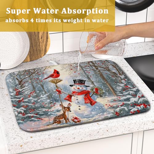 Winter Snowman Dish Drying Mat for Kitchen Counter Red Bird Berry Dishes Drainer Mats Holiday Microfiber Absorbent Dish Rack Pad 16x18 Inch (Winter Snowman Deer / 16" x 18")