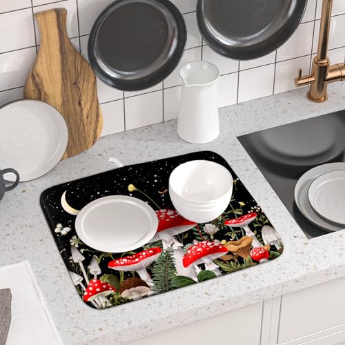 Red Mushroom Dish Drying Mat for Kitchen Counter Plant Leaves Drainer Mats Rack Holder Countertop Absorbent Microfiber Coffee Pads 16x18 Inch (Red Mushroom / 16" x 18")