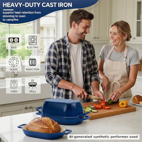 Enameled Cast Iron Oval Dutch Oven for Bread Baking (12"×8" Oval Blue)
