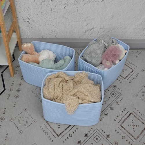Woven Cotton Rope Storage Baskets 15x10x9.3" 3 Pack Light Blue (light blue)
