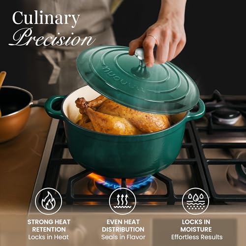 Enamelled Cast Iron Dutch Oven Pot with Lid (Dark Green / 6.4-Quart - Deep)