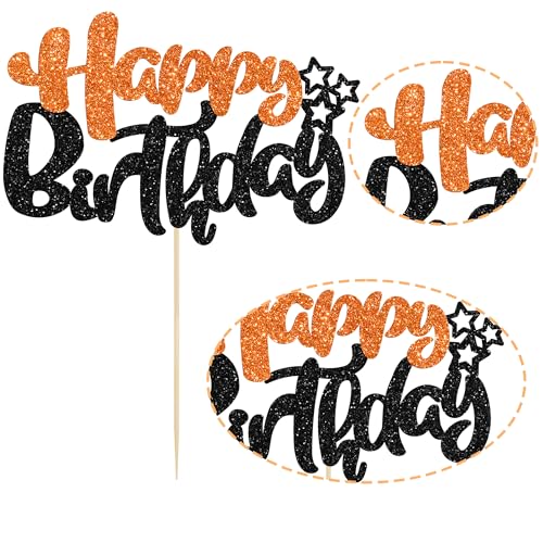 1Pcs Happy Birthday Cake Topper Glitter Happy Birthday Cake Pick for Halloween Baby Shower Theme Anniversary Party Cake Decorations Supplies Black Orange (Style 2 / Black Orange)