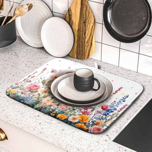Colorful Flower Dish Drying Mat 16x18 Inch Botanical Floral Drainer Rack Mats Washable Absorbent Dish Dry Pad for Kitchen Counter Sink (Colorful Flower / 16" x 16")