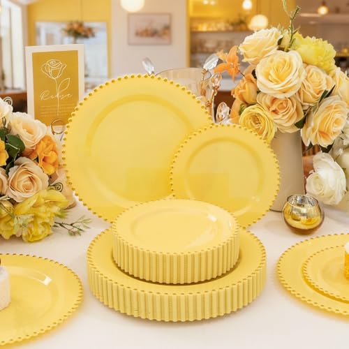 100pcs Elegant Yellow Plastic Plates with Gold Beaded for Wedding (Yellow and Gold Plastic Plates / 100PCS)