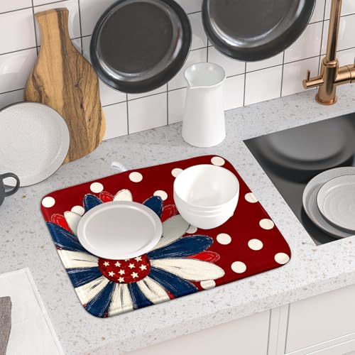 Patriotic Dish Drying Mat 16 x18 In Red and Blue Daisy Microfiber Kitchen Draining Mat for Countertops (Patriotic Floral Red / 18" x 16")