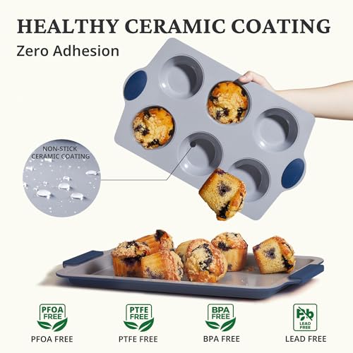 2-Pack 6-Cup Non Toxic Nonstick Ceramic Jumbo Muffin Pan & Cupcake Tin, PFOA & PFOA Free, Rust-Resistant Aluminized Steel, Oven Safe, Blue (Blue / 6 Cup Jumbo Muffin Pan (2 pack))