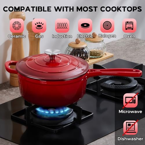 Cast Iron Sauce Pan Pot (Red / 3 Quarts)