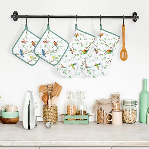Bird Branch Oven Mitts and Pot Holders Sets 4Pcs (Bird Branch / Oven Mitt x2 & Pot Holder x2)