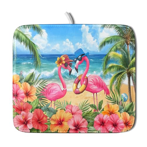 Summer Flamingos Dish Drying Mat 16x18 inch Tropical Beach Microfiber Washable Dish Rack Mats Drainer Pad for Counter Kitchen Table Decor (Summer Flamingos / 16" x 18")