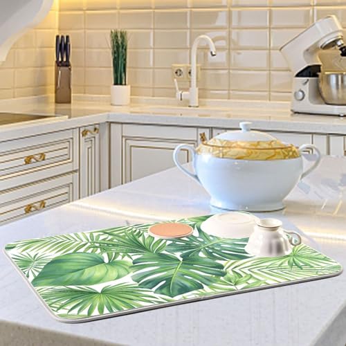 Green Monstera Palm Leaves Dish Drying Mat for Kitchen Counter Absorbent Microfiber Drying Pad (18" x 24")