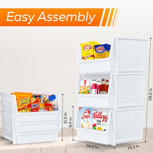 XLarge Stackable Storage Bins Open Front for Pantry Storage (6 Pack - XLarge / White)