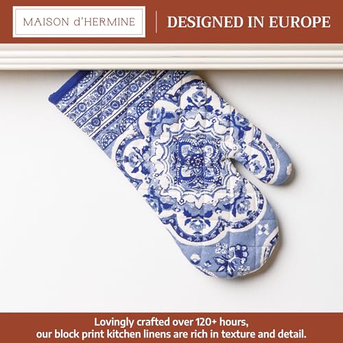 Maison d'Hermine Oven Gloves 100% Cotton Oven Mitt (014 - Melodie Bleue / 7.5" x 13" (Oven Mitt))