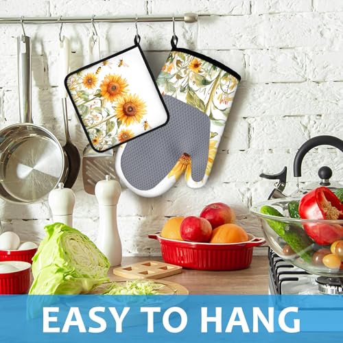 Watercolor Sunflower Oven Mitts and Pot Holders Sets Heat Resistant 4Pcs Busy Bee Potholders Oven Gloves Hot Pads for Kitchen Baking Cooking Grilling BBQ (Watercolor Sunflower and Busy Bee)