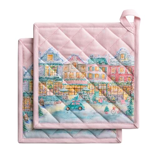 Pot Holders 100% Cotton Potholders (124 - Christmas Market - Pink / 8" x 8" (Pot Holder Pack of 2))
