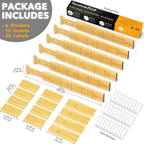 Bamboo Drawer Dividers with Inserts and Labels (17-22 inch)