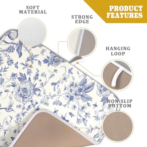 Chinoiserie Flower Dish Drying Mat Blue Leaves Dishes Drying Pad Reusable Washable Kitchen Countertop Protector Dish Drainer Mat 16x18 Inch (Chinoiserie Flower / 16" x 18")