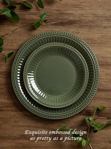 Ceramic Plates and Bowls Sets (Dark Green / Service for 4)