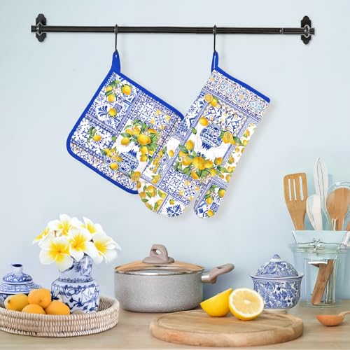 Yellow Lemon Oven Mitts and Pot Holders Set (Lemon 2 / Oven Mitt x1 & Pot Holder x1)