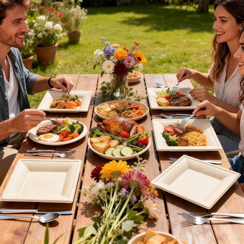 Compostable Square Paper Plates 8 Inch 100 Pack Disposable Plates (Brown / 8 inch)