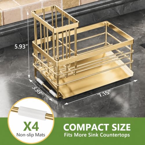 Gold Sink Caddy Sponge Holder for Kitchen with Brush Holder and Stainless Steel Self Drain Tray (8.26'' / Gold)