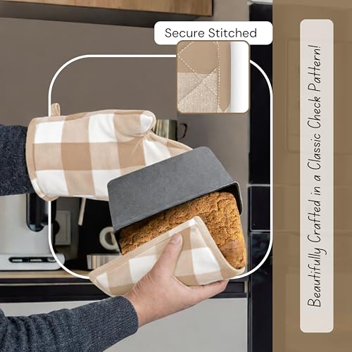 Buffalo Plaid Check Oven Mitts and Pot Holders Set of 4 (Buffalo, Beige)