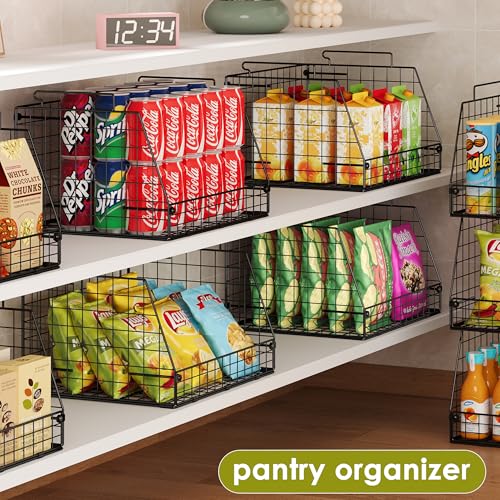 6 Pack Stackable Wire Baskets for Pantry (6 Pack—Wide 15.4"W x11.8"D)