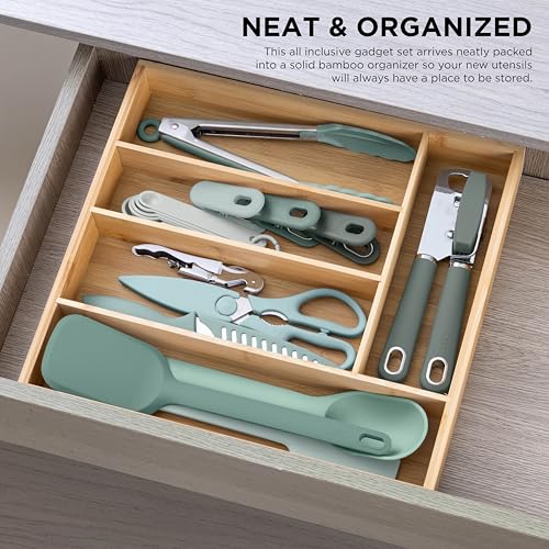 Bamboo Kitchen Utensil Set with Drawer Organizer (Sage / 18 Piece Gadget Set)