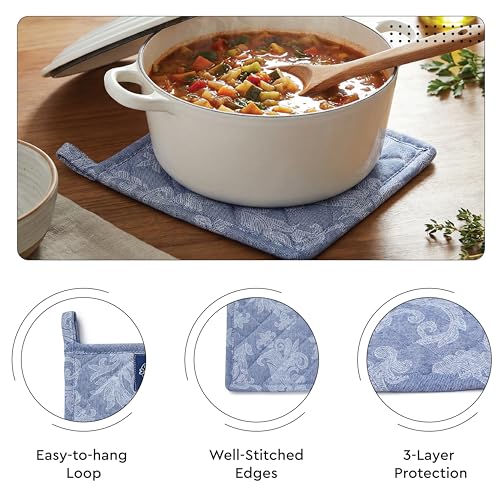 Oven Mitts and Pot Holders Set (Oven Glove + Pot Holder / Floral Blue)