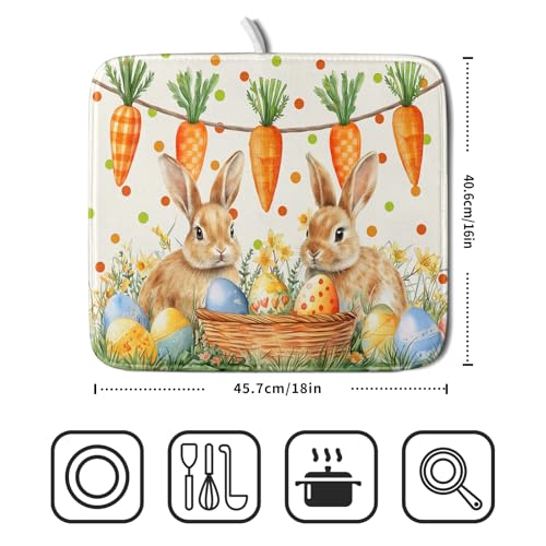 Easter Bunny Dish Drying Mat Eggs Carrot Dishes Drainer Pad Absorbent Reversible Dish Rack Mat Protector for Kitchen Countertop 16x18 Inch (Easter Bunny Carrot / 16" x 18")